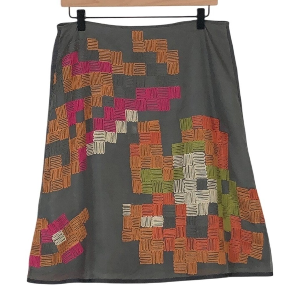 Sigrid Olsen Silk Embroidered Midi Skirt Gray Sz 8 Gray Colorful Lined